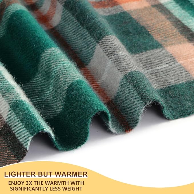 Woolly Throw Pure Wool Blanket - Large 55x83 inches, 1.5 lbs,Wool Fringed Knee Throw Blanket for Couch Bed Outdoor Travel,Soft Lightweight Breathable Blanket for All Season,Green Check
