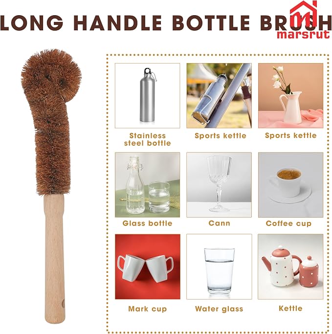 2pcs Coconut Fiber Bottle Brush, Bottle Cleaner Dish Scrubber, Eco Friendly Natural Wooden Cleaning Scrub Bristle Head for Deep Pan Kitchen Dishes Vegetable Washing, Sturdy Handle Holder, Dark Brown