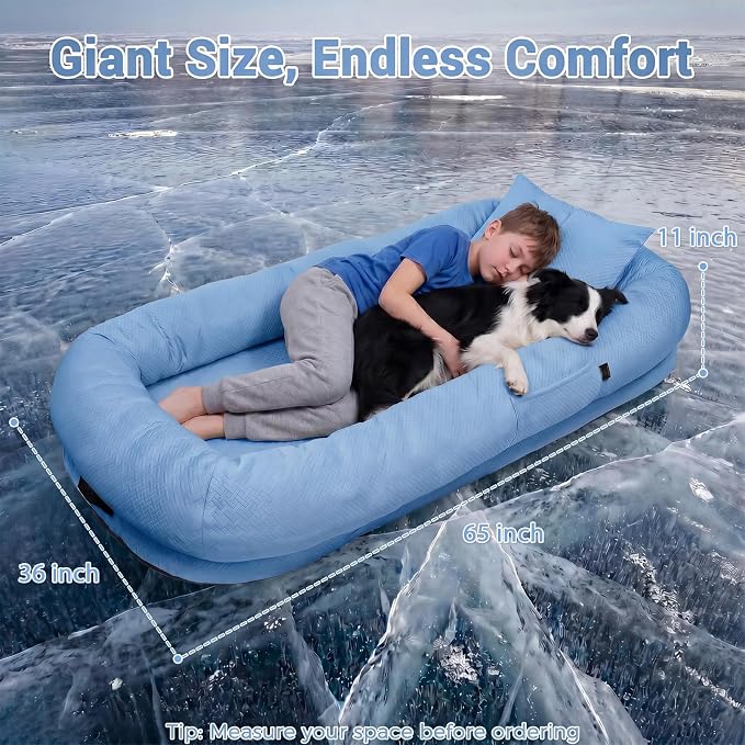 WROS Cooling Human Dog Bed for Summer, Breathable Washable Floor Lounger for People & Pets, 65"x36"x11", Ocean Blue, Pet Bed for Hot Weather Relaxing
