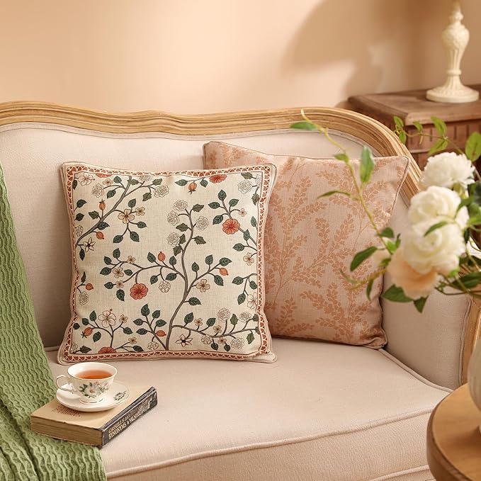 ISAENNE Design Linen Classic Throw Pillow Covers 18"x18" Pack of 2, French Farmhouse Square Cushion Covers with Orange White Floral Pattern Decoration Pillowcases for Bed,Living Room,Outdoor,Car