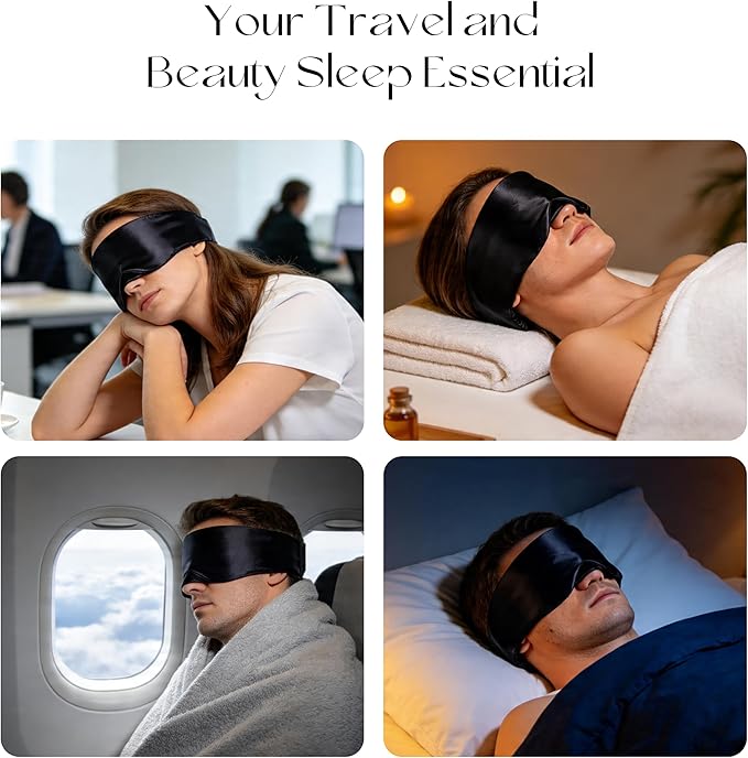 Silk Sleep Mask 22 Momme100% Mulberry Silk & 3.5cm Silk Hairband Set, Upgraded Light Blocking NosePad, Soft Wide Adjustable Strap, Comfortable Eye Mask for Men Women Home Travel (Black)