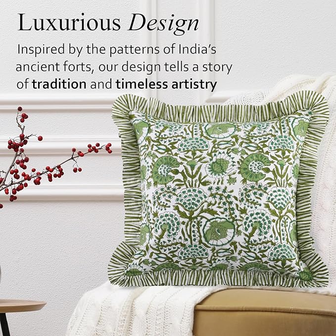 CPC Block Print Ruffle Throw Cover Agate Green 18"x18" Inch Pack of 2-100% Cotton Ruffle Couch Decorative Boho Pillows Case for Living Room, Bedroom, Sofa, Farmhouse Gift for Spring, Mother's Day