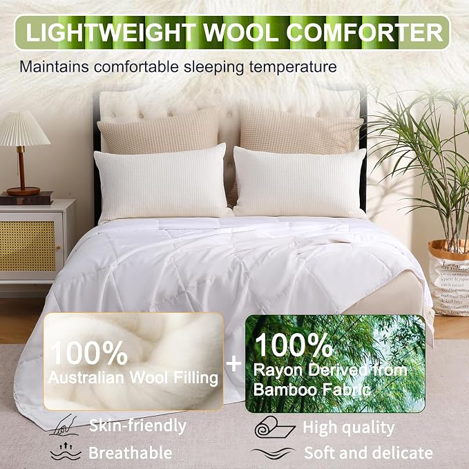 YOUR MOON Luxurious Lightweight Wool Comforter Twin Size, Lightweight Summer Natural Comforter/Duvet Insert, 100% Australian Wool Filled, Jacquard Rayon Derived from Bamboo Shell(White)