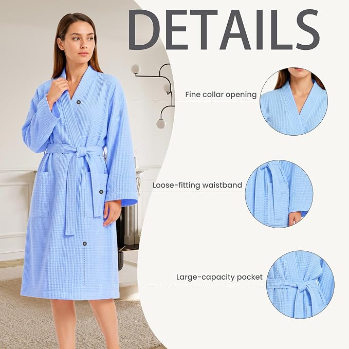 Lightweight Waffle Robe - Soft Cotton Bathrobe Spa Bathrobe for Daily Wear Home & Hotel