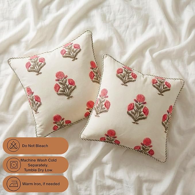 ATOSII Block Print Boho Throw Pillow Covers, 24 X 24, Set of 2, Decorative Couch Pillows for Living Room, 100% Cotton Canvas Acccent Pillows, Christmas Thanksgiving Fall Preppy Throws - Poppy
