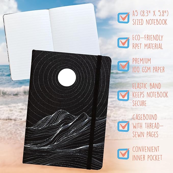 Better Office Products Recycled Plastic Bottle Notebook Journal, 8.3" x 5.8" (A5), 192 College Ruled Pages, Hardcover, Inner Pocket, Banded, Cover Made of Plastic Bottles (1, Black)