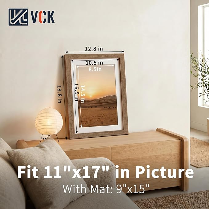 VCK 11x17 Poster Frames Walnut 3 Pack, Wide Border Wood, Tempered Glass, Display 9x15 Picture Photo with Mat or 11 x 17 Without, for Home, Office, Gallery, Woodgrain Series, Wall Hanging
