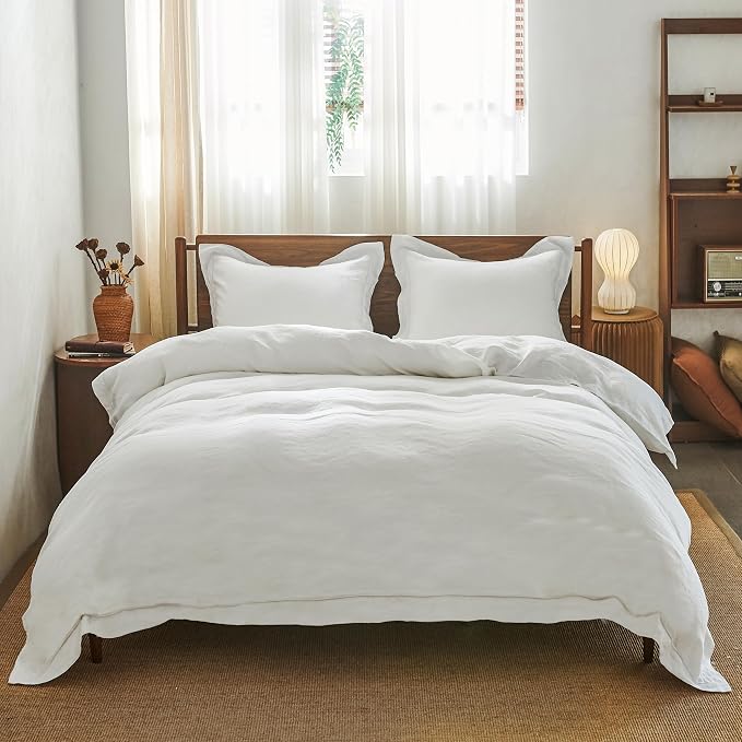 Simple&Opulence 100% Washed Linen Duvet Cover with Embroidered, 2 Pieces Soft Farmhouse Comforter Set with Button Closure,1 Duvet Cover and 1 Pillowsham(Twin,White)
