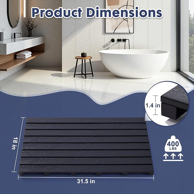 Bamboo-Design Bath Mat, Heavy Duty HDPS Plastic, 31.5"x18", 400lb Support, 100% Waterproof & Fadeproof, Superior to Real Bamboo for Bathroom Shower Spa Sauna Poolside Outdoor (Black Color)