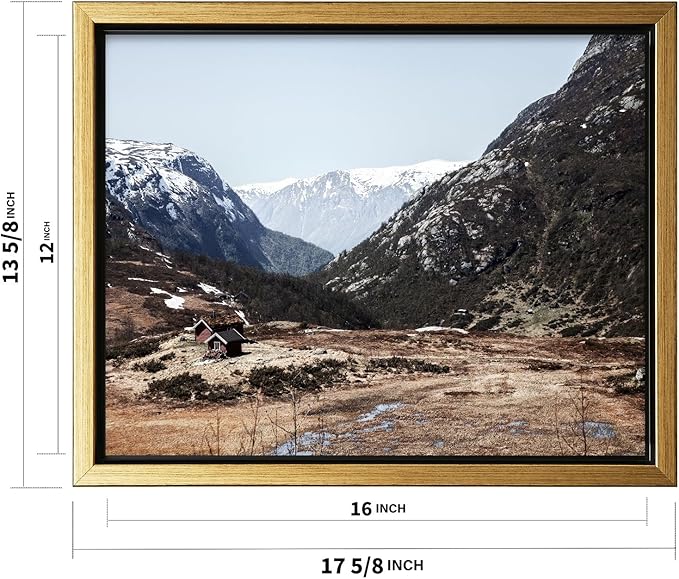 Monem Art Scandinavian Mountain Cabin Landscape Photography Print - Nordic Nature Scenic Art Poster - Wall Decor for Living Room, Bedroom or Office - 12x16 Gold Framed CANVAS by Mareike Bohmer