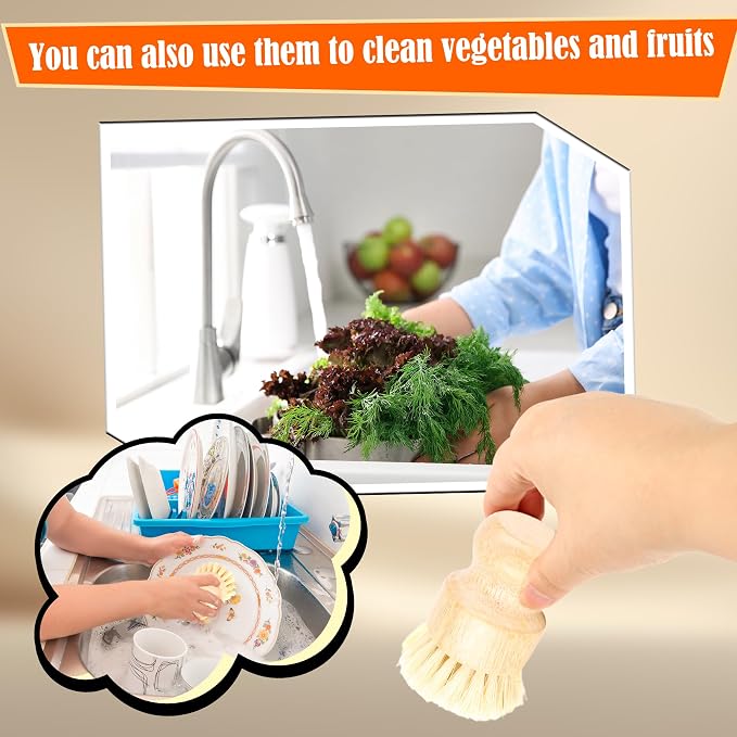 16 Pack Bamboo Dish Scrub Brushes Set Kitchen Pot Pans Cleaning Brushes Scrubber Sisal Bristles Wooden Brushes for Iron Pot Dishwashing Sink Vegetables