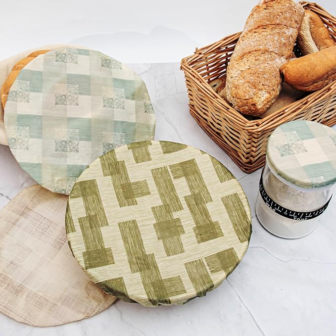 3Pack 10IN Beeswax Bowl Covers with a 4IN Sourdough Jar lid,Reusable Bowl Covers for Bread Proofing,100% Organic Cotton,Elastic Shower Caps for Sourdough Bread,Dough Proofing & Food Storage
