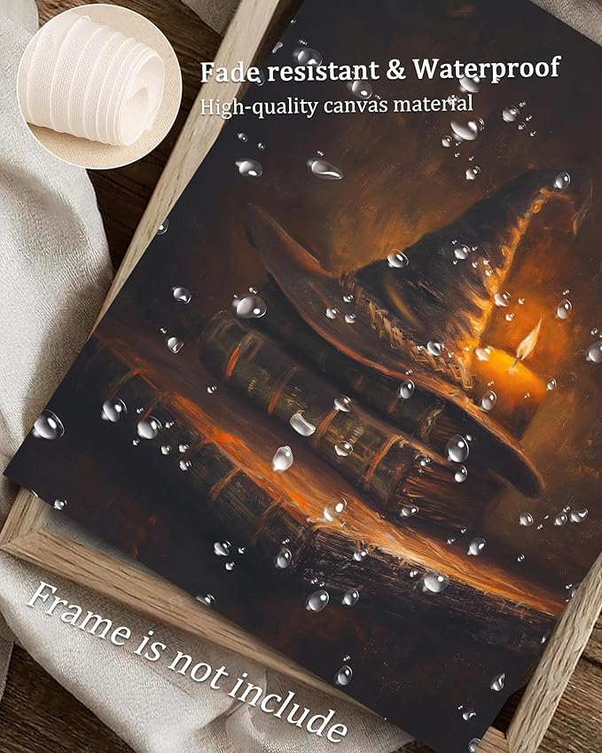 Retro Halloween Witch Hat with Magic Book Wall Art: Gloomy Witch Hat and Old book Horror Canvas Poster Suitable for Halloween Wall Decorations Dark Academic Style Witch Spell Book Print Suitable for Galleries, Living Rooms, Bedrooms (Frameless 8x10 inc...