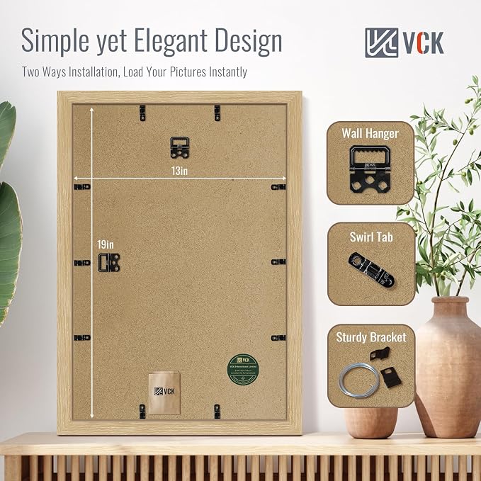 VCK 13x19 Picture Frame Set of 4 - Oak, Gallery-Quality Wood Poster Frames, 1.1-Inch Wide Border, Polished Plexiglass, Vertical or Horizontal Wall Display for Photo/Art/Prints, Natural Oak