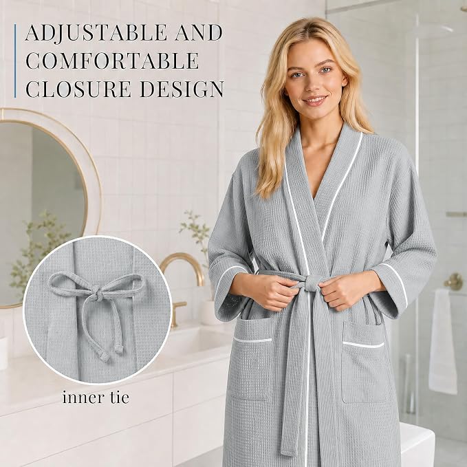 Inner Wish Women's Cotton Waffle Kimono Robe, Lightweight Quick Dry Spa Shower Robe with Pockets