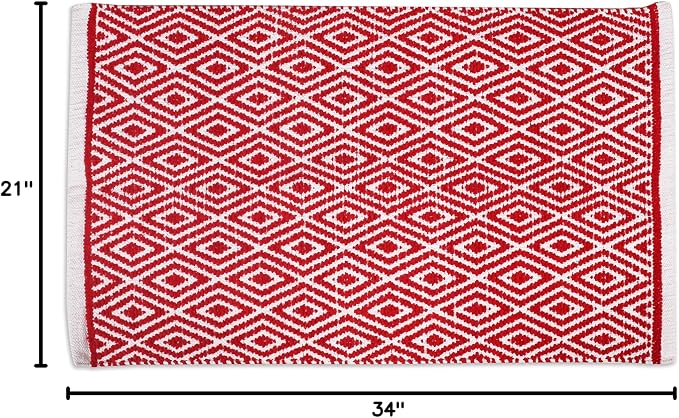 Ramanta Home 100% Cotton Diamond Handwoven Reversible Rug 21x34 Inch– Red| Soft Washable Area Rug for Bathroom, Kitchen, Bedroom, Entryway | Durable Lightweight Handmade Accent Floor Mat | Boho Déco