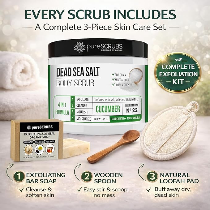 pureSCRUBS Premium Cucumber Body Scrub Set - Large 16oz Dead Sea Salt Body Scrub for Women Exfoliation KP Bump Eraser Body Scrub Includes Wooden Spoon, Loofah & Soap
