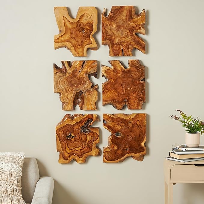 Deco 79 Teak Wood Abstract Handmade Home Wall Decor Live Edge Wood Slab Wall Sculpture, Set of 6 Wall Art 14"W, 16"H, Brown