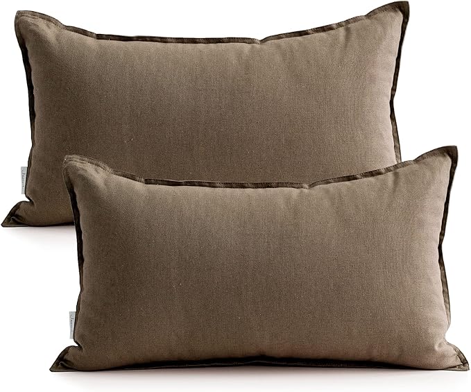 Jeanerlor Natural Cotton Linen Green Decorative 12"x20" Throw Pillow Case Cushion Cover with Twin Needles Stitch on Edge for Lumbar, (30 x 50cm), 2 Pcs, Khaki