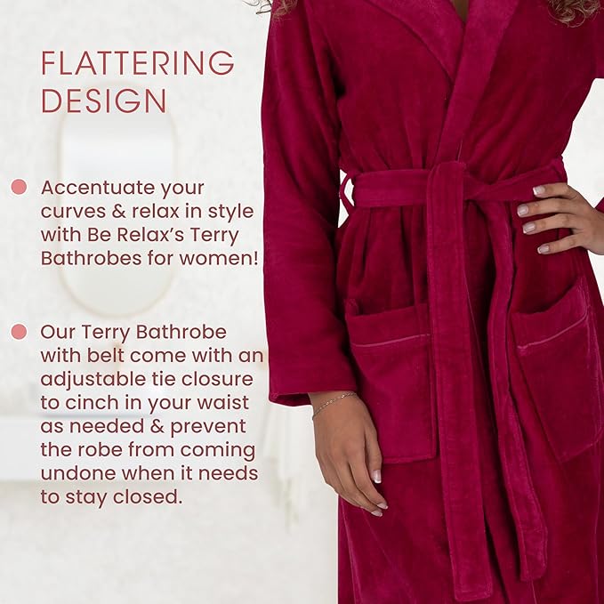 Be Relax Bathrobe for Women - Full Length Terry Cotton Robe with Shawl Collar and Hood, Warm and Cozy Robe with Belt & Pocket