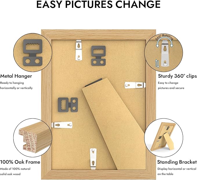 Hongkee 5x7 Oak Wood Picture Frame 1 Pack(Matted 4x6), Real Glass Cover | Natural, 5 x 7 Solid Wood Frame for Wall or Tabletop Display - Includes Easel Back, Vertical Hang - Ideal for Home, Office