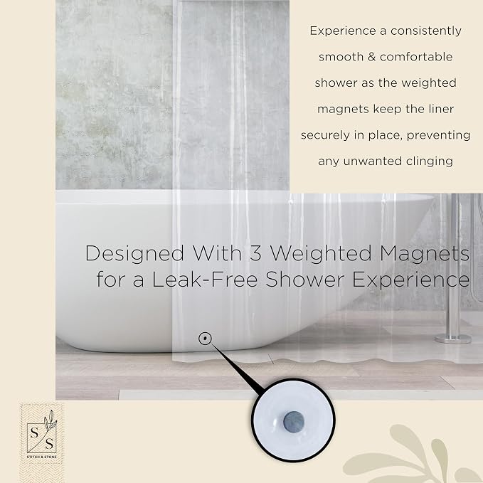Stitch & Stone Shower Curtain Liner, Premium Medium Weight Durable Waterproof 6g PEVA for Bathroom with Weighted Magnets, Standard Size 72" x 72", Clear 1 Pack