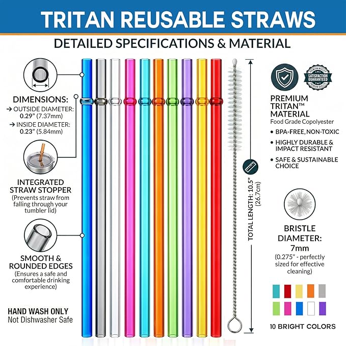 ALINK 10.5 in Long Reusable Plastic Straws with Brush, Tritan Hard Plastic Tumbler Straws, 10 Rainbow Colored Replacement Straw for 16 OZ 20 OZ 30 OZ Stanley, YETI, Starbucks Tumblers, Mason Jars