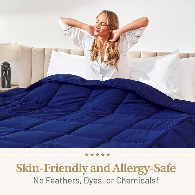 Lavish Comforts® Navy Blue Comforter – Fluffy Down Alternative Dark Blue Comforter, All-Season Queen Duvet Insert, Hypoallergenic, Machine Washable with Corner Loops