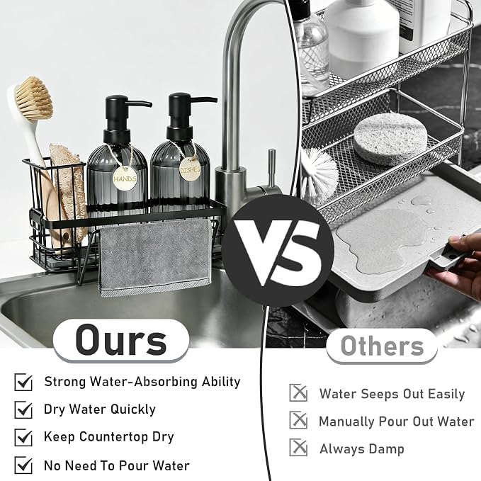 Kitchen Soap Dispenser Set, 14.4 oz/425 ml Hand and Dish Soap Dispenser Set, Dish Soap Dispenser with Sponge Holder & Diatomite Tray, for Countertop Organizer, Black