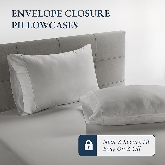 LANE LINEN Twin XL Fitted Sheet, 100% Organic Cotton 2-Piece Set (1 Fitted Sheet, 1 Pillowcase), Percale Weave, Bottom Sheet, Soft, Breathable, Fits Mattress Upto 15" Deep - Silver (No Flat Sheet)
