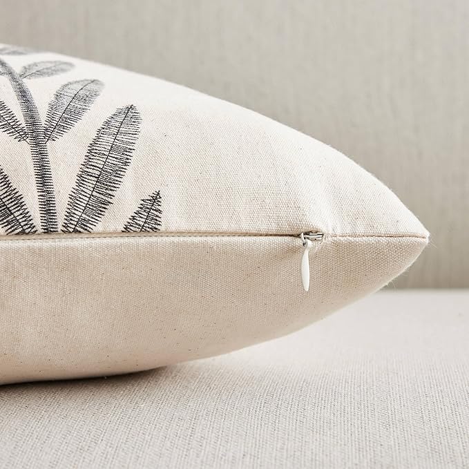 100% Cotton Farmhouse Leaves Throw Pillow Covers Set of 2, 24x24 Inch Black Pastoral Decorative Print Cushion Covers for Sofa Bed Living Room Home Decor