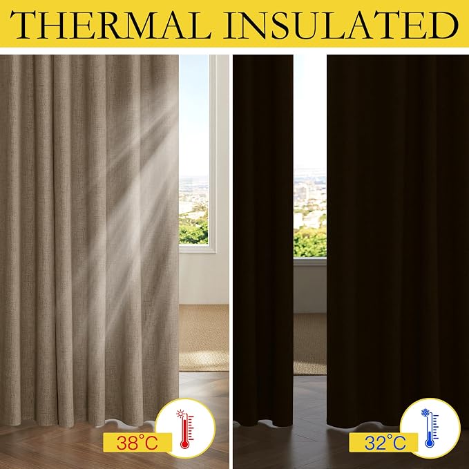 NICETOWN Bedroom 100% Blackout Linen Curtains, Thick Insulated Rod Pocket & Back Tab Full Light Blocking Draperies with Gray Liner for Night Shift Workers (Set of 2, 52 by 72-inch, Burlap)