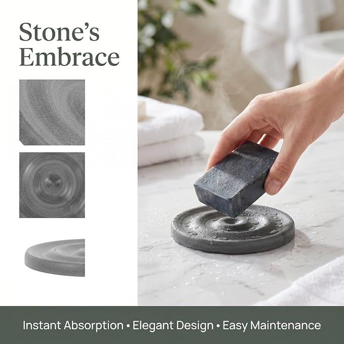 3pcs Diatomite Stone Round Soap Dish & Tray - 4'' Water Absorbing Soap Holder for Bathroom Kitchen Sink, Quick Dry Sponge Holder, Grey