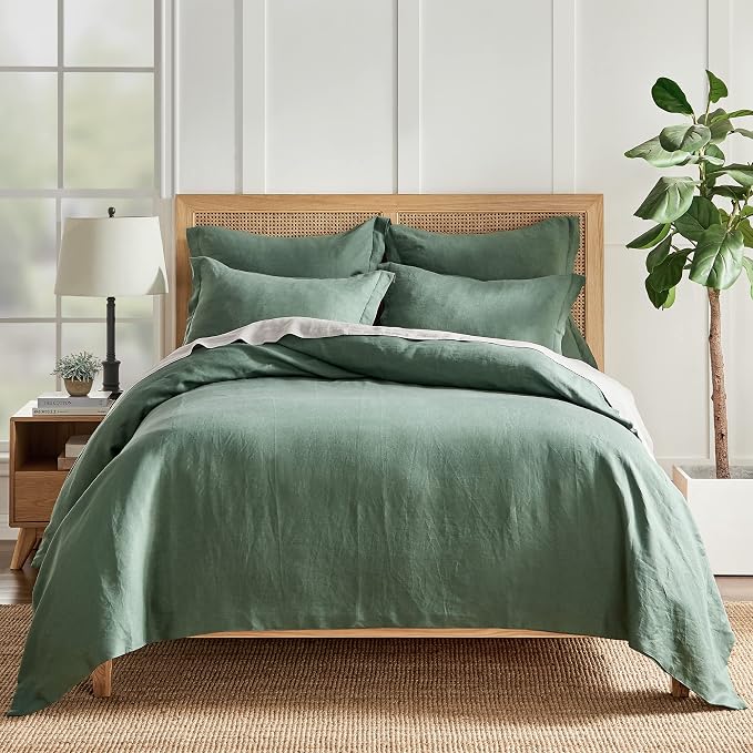 Levtex Home - 100% French Flax Linen - King Duvet Cover - French Flax Washed Linen - Forest Green - Duvet Cover Size (106x94in.)