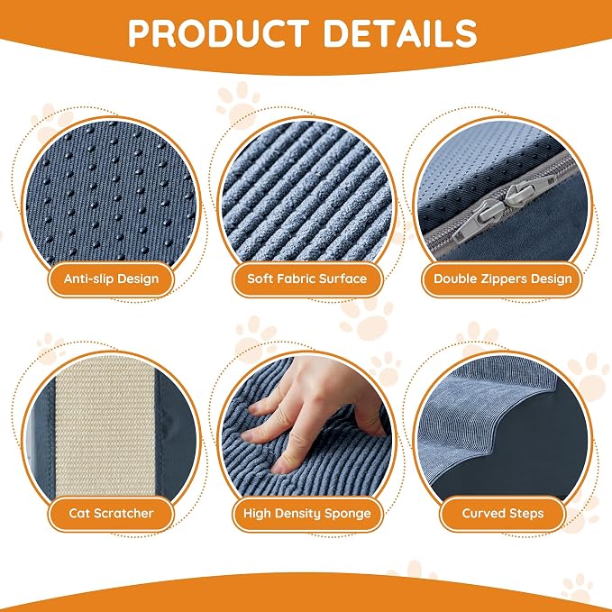 Pet Stairs, Dog Stairs for Small Dogs, Dogs Steps, 5-Step Curved Dog Ramp for Bed, Couch, Sofa, Car and Chairs, Non-Slip Bottom Design, Cat Scratching Board, High Density Foam Portable Pet Step, Navy