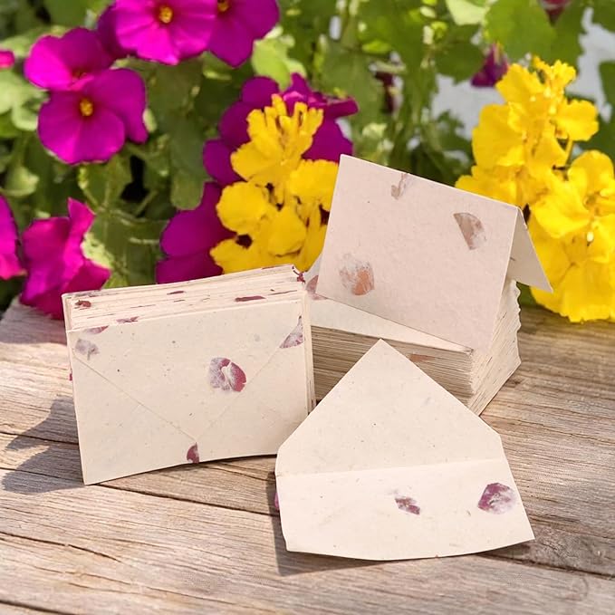 Kathmandu Valley Co. 50 Vintage 4x6 Handmade Lokta Paper Nepali Cherish Greeting Cards & Matching Decorative Flower Petal Envelopes. Folded blank cards. Handmade In Nepal. (Bougainvillea)
