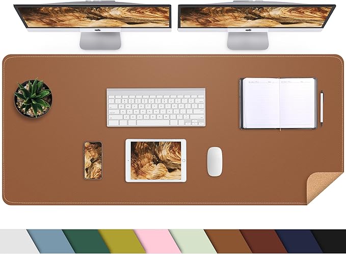 AFIING Leather Desk Pad Protector, Large Desk Mat with Natural Cork & PU Leather, Mouse Pad, Non-Slip Waterproof Desk Writing Pad for Office and Home (Brown)