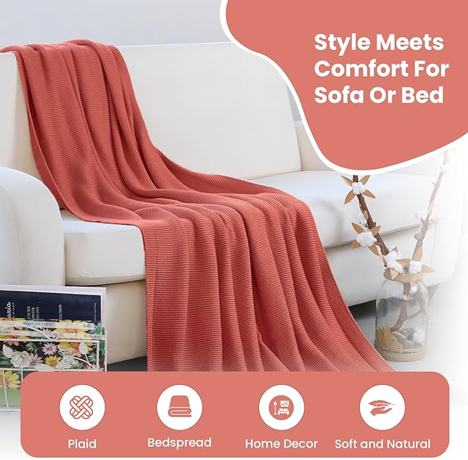 Dalisa 100% Organic Turkish Cotton Throw Blanket - GOTS Certified, Cozy - Perfect for Couch, Bed, and Home Decor - Boho Vintage Knit Alina (Amberglow, 50x60)
