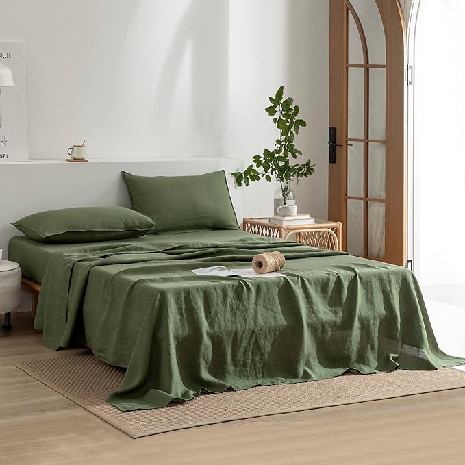EVERLY Linen Sheets Set King Size,100% French Stonewash Pure Linen Bed Sheets,4Pieces (1Flat Sheet,1Fitted Sheet,2Pillowcase) Suitable for Hot Sleepers,Deep Pocket Natural Bedding Set-Mossy Green