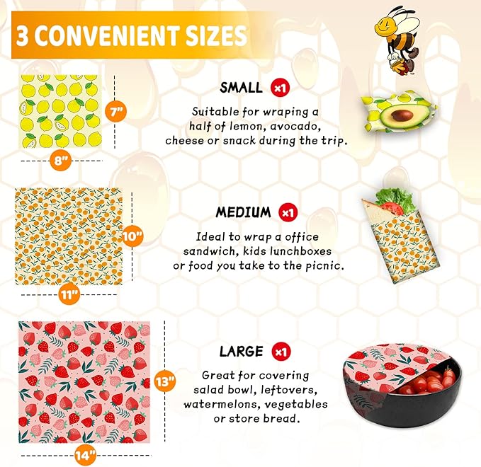 Beeswax Wrap - 3 Pack, Beeswax Wraps For Food, Organic, Sustainable, Biodegradable, Zero Waste, Reusable Beeswax Food Wrap, 1L Strawberry, 1M Orange, 1S Lemon Patterns
