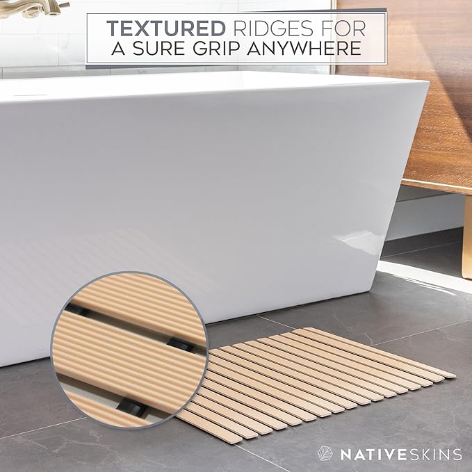 NativeSkins Faux Bamboo Shower Mat (Beige), Non-Slip Safety Lining, Waterproof, Quick-Drying, Eco-Style Slatted Bath Mat for Spa, Sauna - Large 16.9 x 30.7 in
