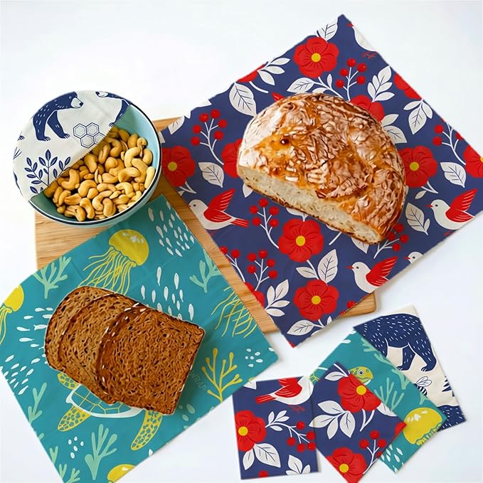 Reusable Beeswax Wrap, 9 Pack Eco-Friendly Wraps For Food, Organic, Sustainable, Zero Waste, Plastic-Free Food Storage, 1XL, 3M, 5S, Birds Bears Turtles Patterns