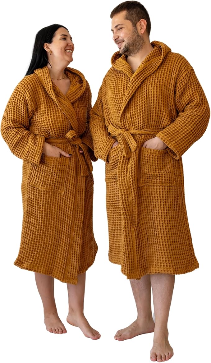 Unisex Hooded Waffle Robe for Women & Men 100% Turkish Cotton | Quick-Dry Bathrobe | Cozy Housecoat for Lounging