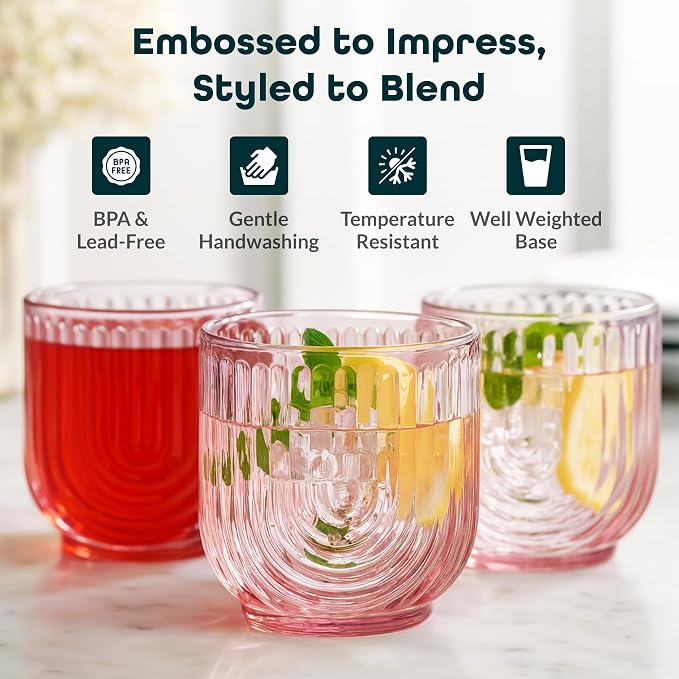 Glaver's Vintage Glassware Art Deco Glasse Ribbed Drinking Glasses U-Shape Arch Design Colored Cocktail Kitchen Tumblers Everyday Dinner Decorative Party HandWash Only (Pink S/4 11oz)