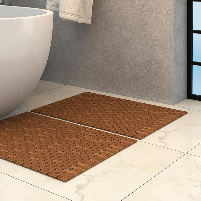 Teak Wood Bath Shower Mat for SPA Sauna with Mutiple Silica Gel Feet 27.5X19.7X0.31-Inch