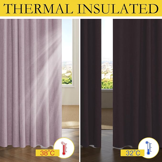 NICETOWN 100% Blackout Curtains for Living Room, 52" Wide Per Panel, Set of 2, Muted Lavender Thermal Insulated Curtains 84" Long, Linen Blend Noise Reducing Window Treatment Drapes for Hall Room