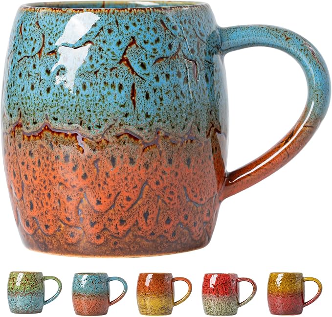 Handmade 22oz Ceramic Coffee Mug, Ergonomic Large Handle, Ideal Gift for Coffee Lovers, Microwave & Dishwasher Safe (Bas-Relief - Blue&Orange)