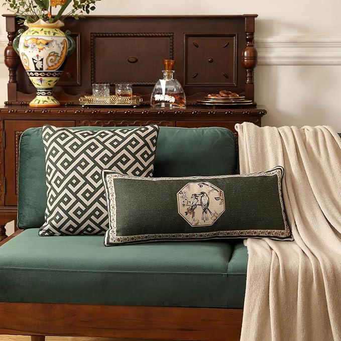 ISAENNE Design Linen Classic Vintage Throw Pillow Covers 18"x18" Pack of 2, Minimalist Square Cushion Covers with Green Irregular Plaid Pattern Decor Pillowcases for Bed,Living Room,Outdoor,Car
