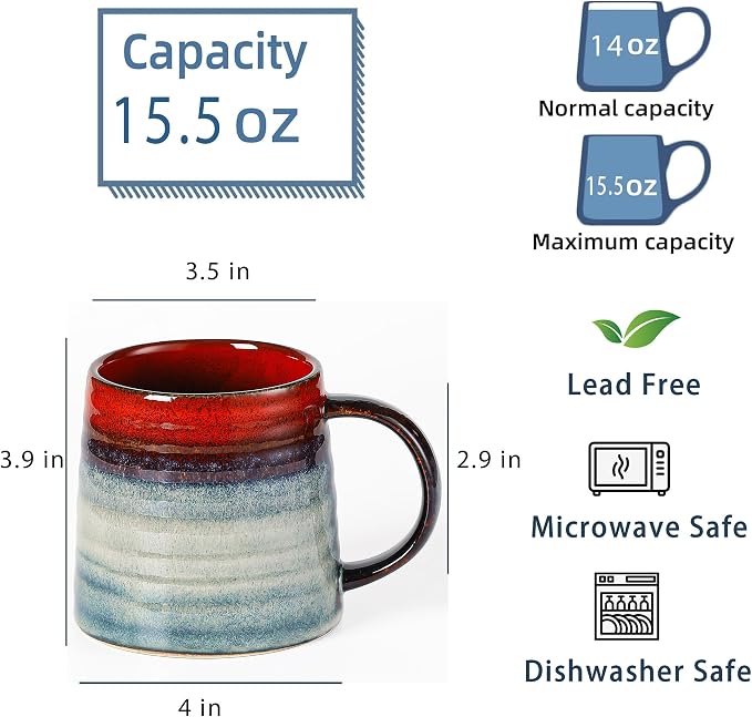 Large Ceramic Coffee Mug, Handmade Pottery Mugs, Tea Cups with Big Handle for Office and Home, 15.5 oz, Dishwasher and Microwave Safe (Ink Red)