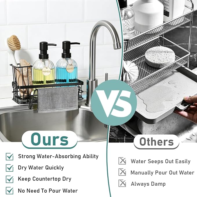 Hand and Dish Soap Dispenser Set, 14.4 oz/425 ml Dish Soap Dispenser, Dish Soap Dispenser with Sponge Holder & Diatomite Tray, for Countertop Organizer